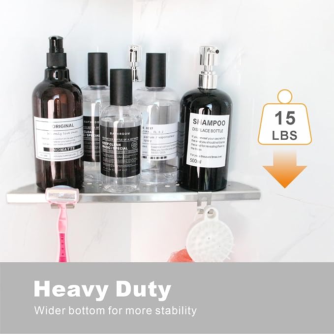 Shower Corner Shelf with 4 Hooks, No-Drill 10" Brushed Nickel 304 Stainless - Image 8