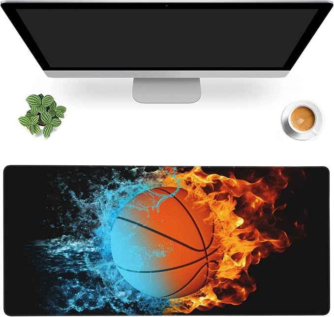 Gaming Mouse Mat Basketball Ball in Fire and Water Large Mouse Pad Extended by MIOAOSRT