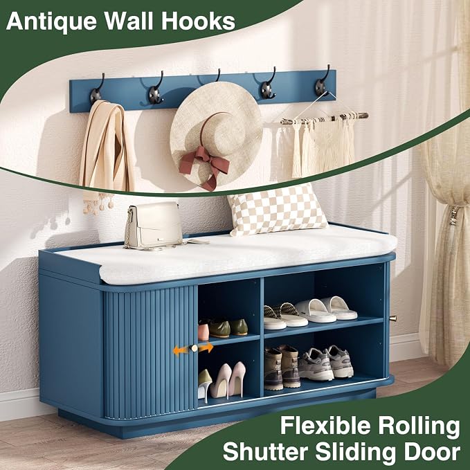 Hall Tree with Bench and Shoe Storage, Entryway Bench with Sliding Door Cabinet - Image 3