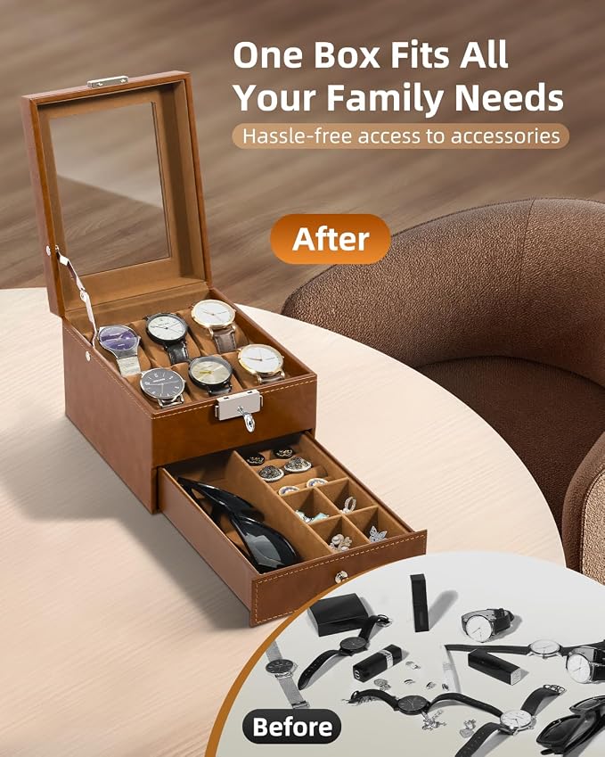 Uten 6-Slot Watch Box, 2-Layers PU Leather Watch Case - Image 3