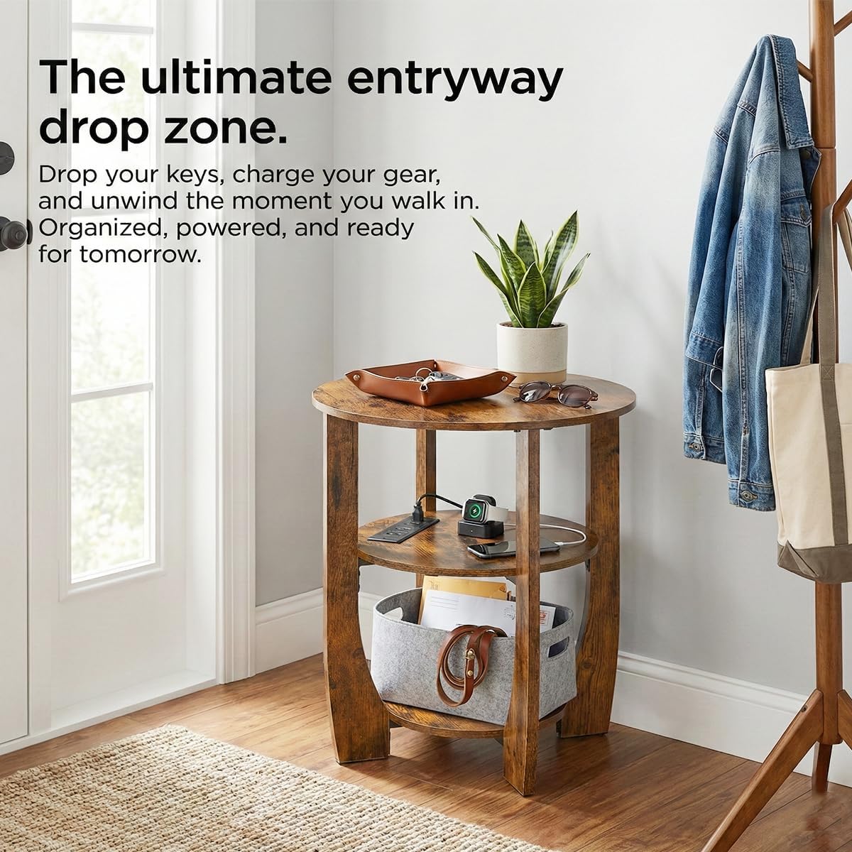 Round Side Table with Charging Station,19.7" D,Rustic Brown