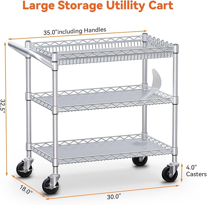 WDT 990Lbs Capacity Heavy Duty Rolling Utility Cart, NSF Rolling Carts - Image 3