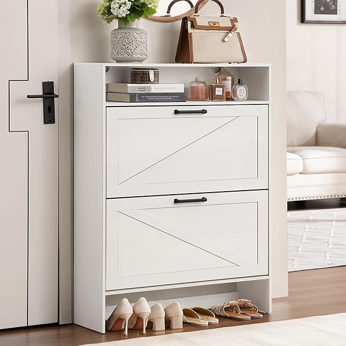 Shoe Storage Cabinet with 2 Flip Drawers, Farmhouse Narrow Shoe Organizer with - Image 8