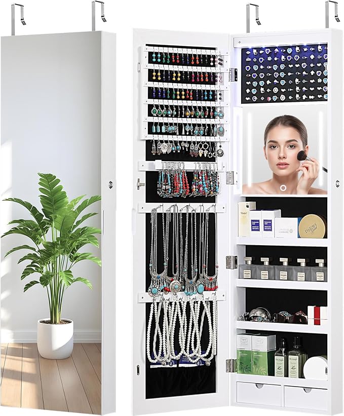 GISSAR Mirror Jewelry Cabinet, LED Wall Door Mount Full Length Jewelry Armoire by GISSAR