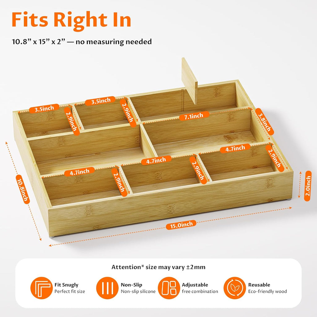 Bamboo Drawer Organizer with 9 Adjustable Compartments, Desk Storage