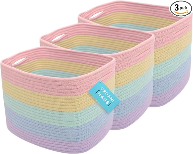 OrganiHaus Set of 3 Pastel Rainbow Woven Storage Baskets by OrganiHaus