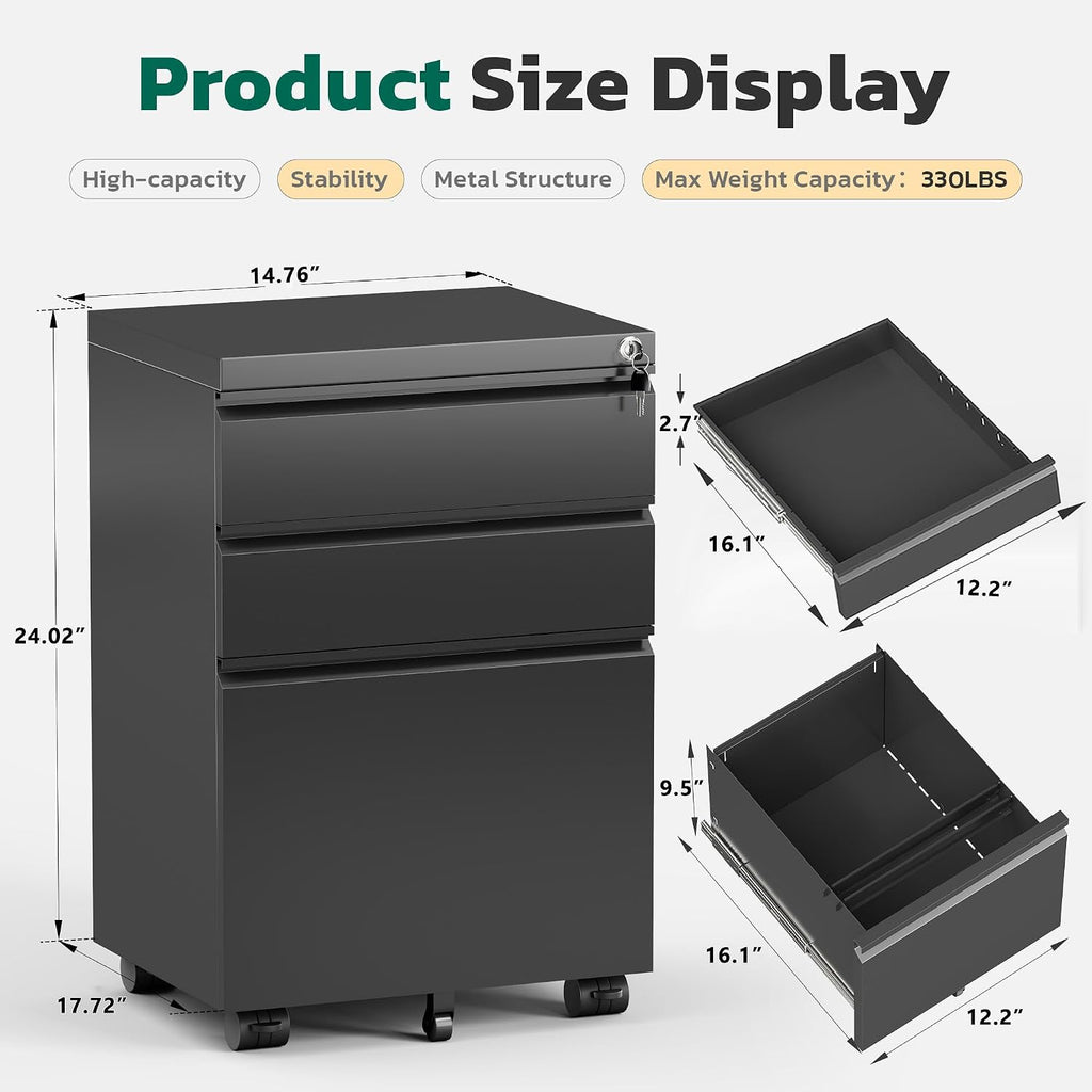3 Drawer Mobile File Cabinet with Lock, Metal Filing Cabinet on