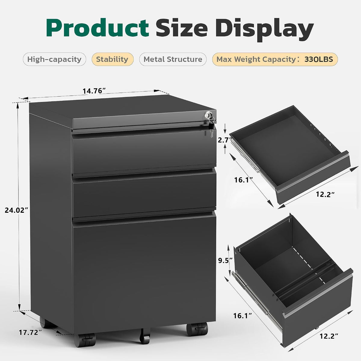 3 Drawer Mobile File Cabinet with Lock, Metal Filing Cabinet on