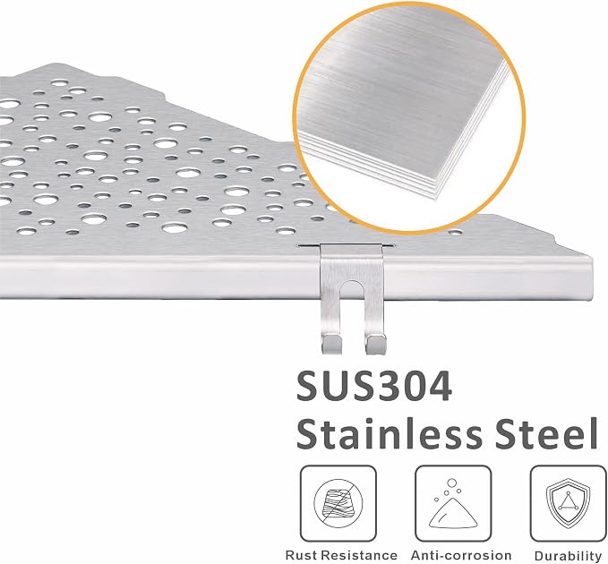 Shower Corner Shelf with 4 Hooks, No-Drill 10" Brushed Nickel 304 Stainless - Image 4