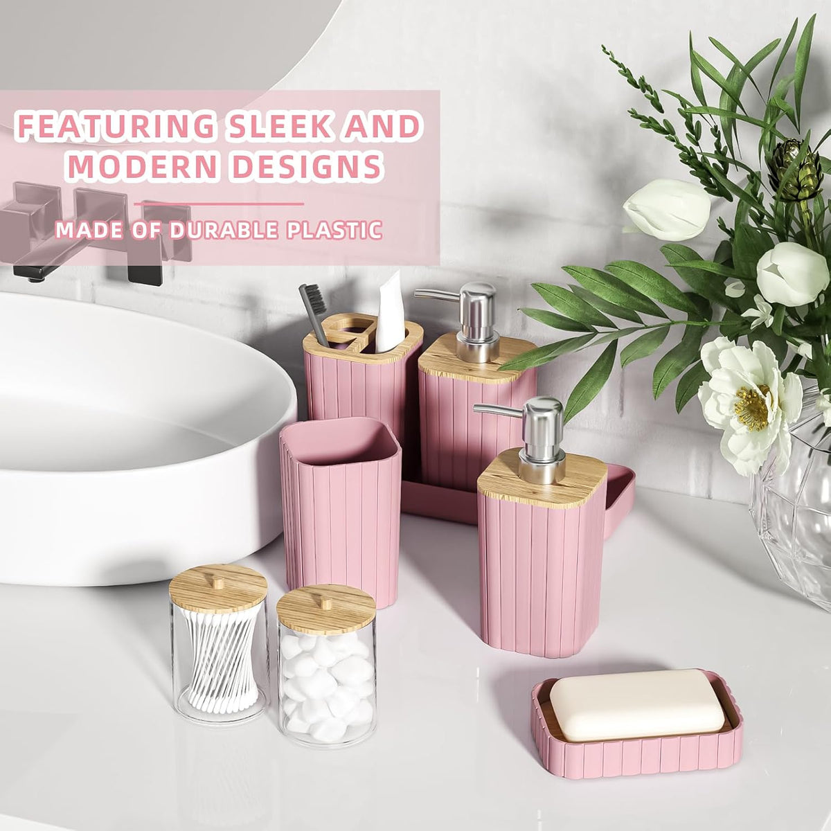 Bathroom Accessories Set - Elegant Pink Bathroom Set, 10PC Bathroom