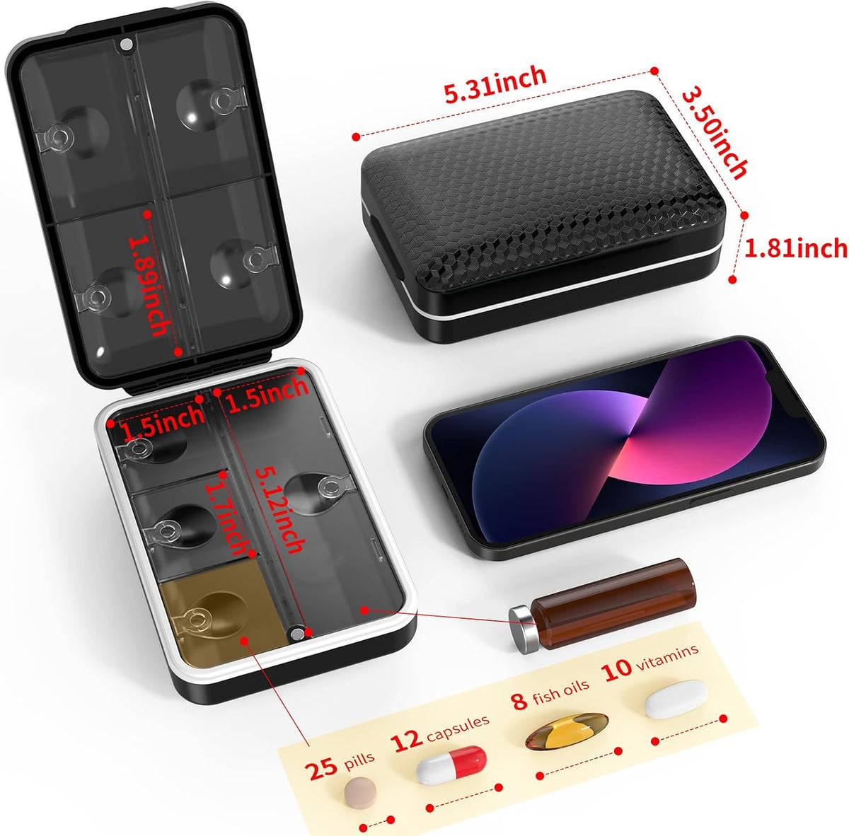 Magnetic Travel Pill Organizer Large 7 Day Medicine Box Case-Black