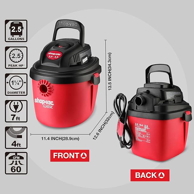 Shop-Vac 2.5 Gallon 2.5 Peak HP Wet/Dry Vacuum, Portable Compact Shop Vacuum - Image 5