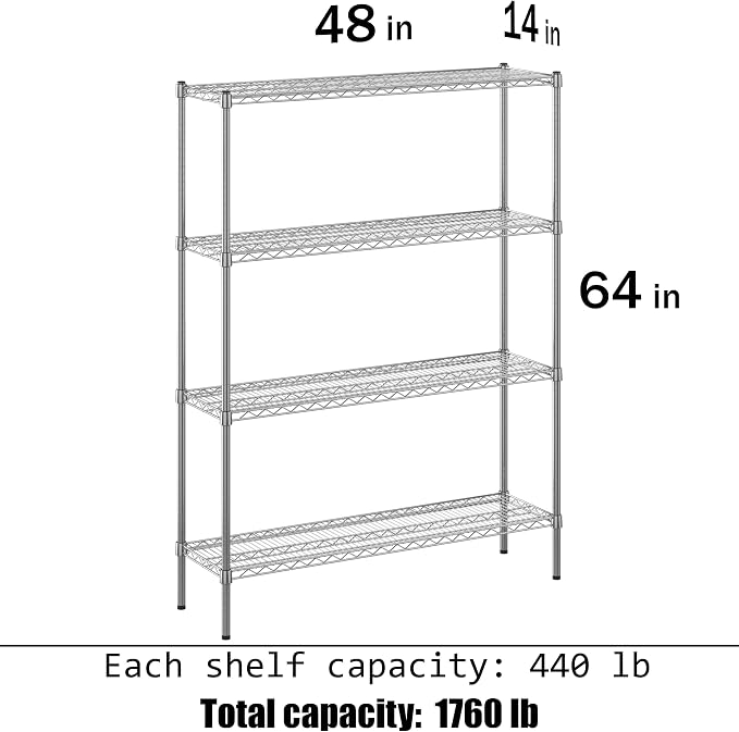 14" Deep x 48" Wide x 64" Height Wire Shelving Kit | 4-Tier | NSF Commercial - Image 3