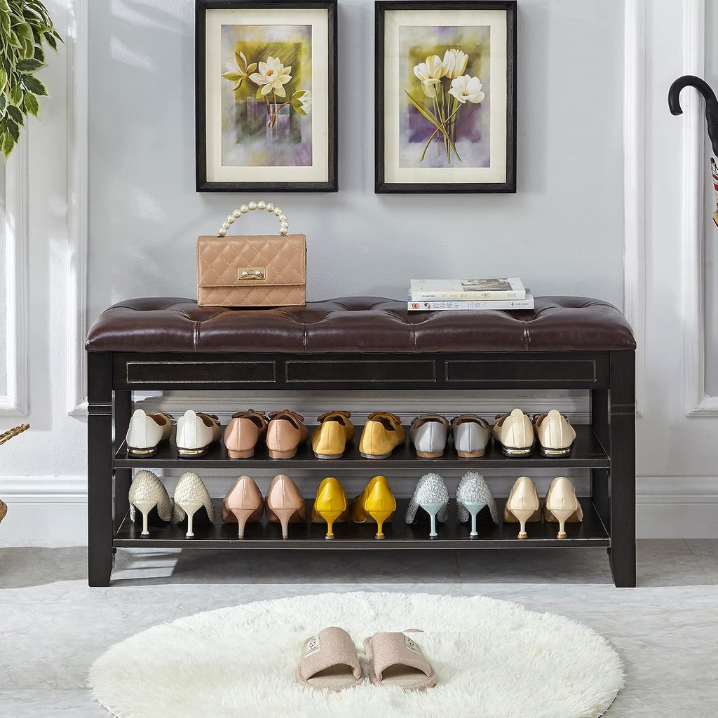 LEILISI Shoe Bench, Storage Rack Organizer with Cushion 2 Tier Lift