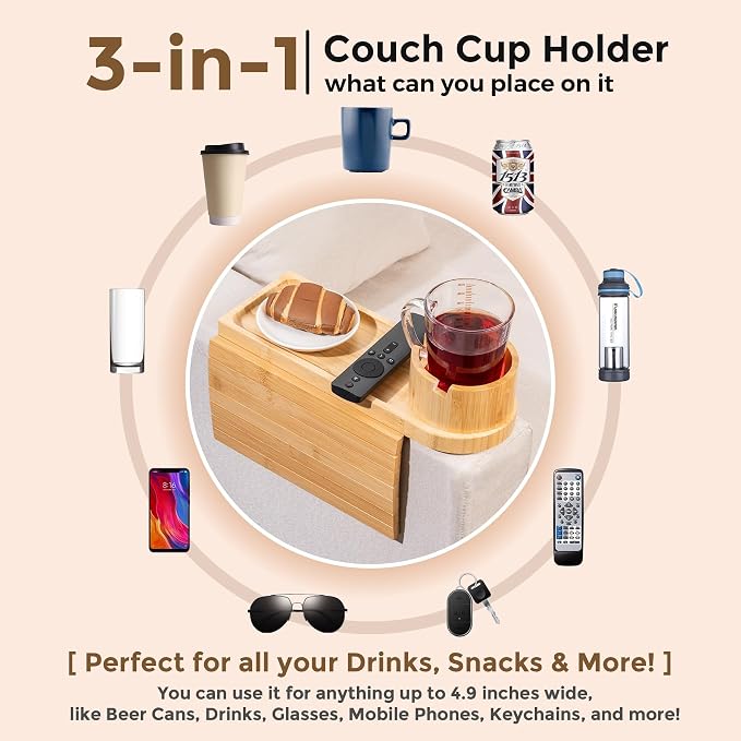 Couch Cup Holder Tray for Thin Armrest Wider Than 4.9'', Bamboo Couch Arm Tray - Image 7
