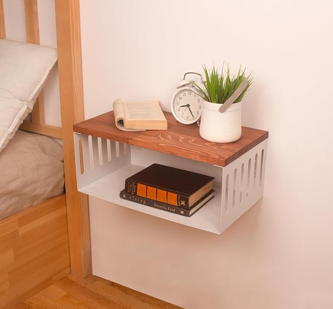 Floating Nightstand with White Metal Base, Wooden Top and Sturdy Metal Base - Image 6