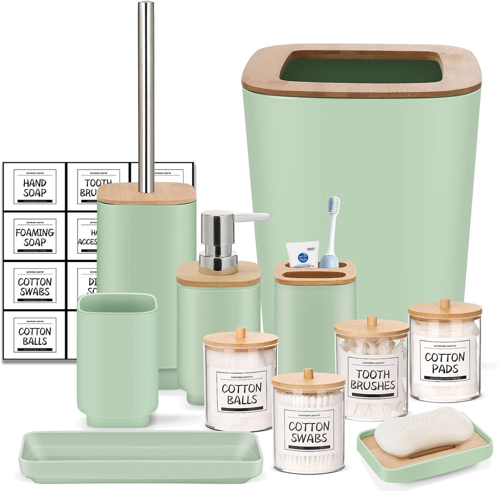 IMAVO 11 Piece Green Bathroom Set, Trash Can, Toilet Brush, Storage