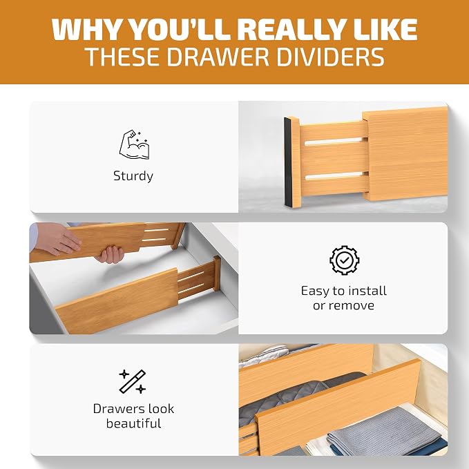 6 Pack Drawer Dividers 4 Inch High, 11”-17" Adjustable Bamboo Organizers Large - Image 5