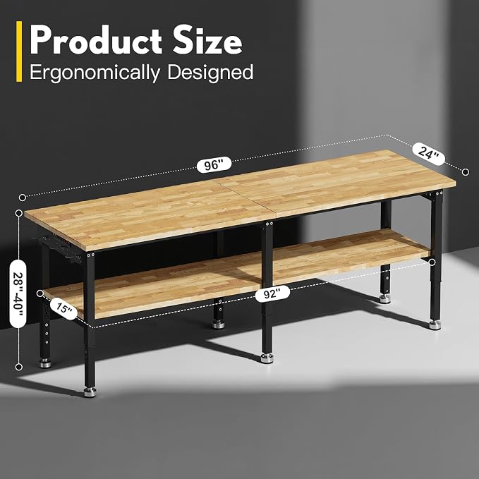 96” Adjustable Work Bench, 2-Layer Heavy Duty Workbench, 6000 LBS Capacity - Image 3