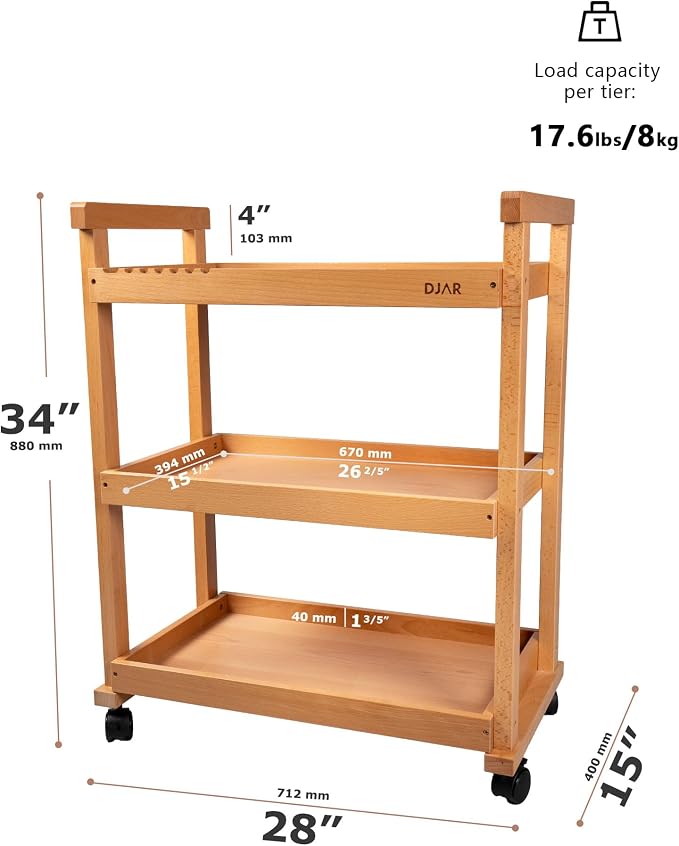 DJAR Rolling Art Supplies Cart, Solid Beech Wood Art Supply Organizert - Image 3