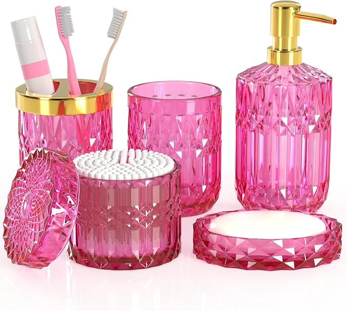 Hot-Pink Glass Bathroom Accessories Set 5 Pcs, Hot-Pink Bathroom Set, Soap by QIQU