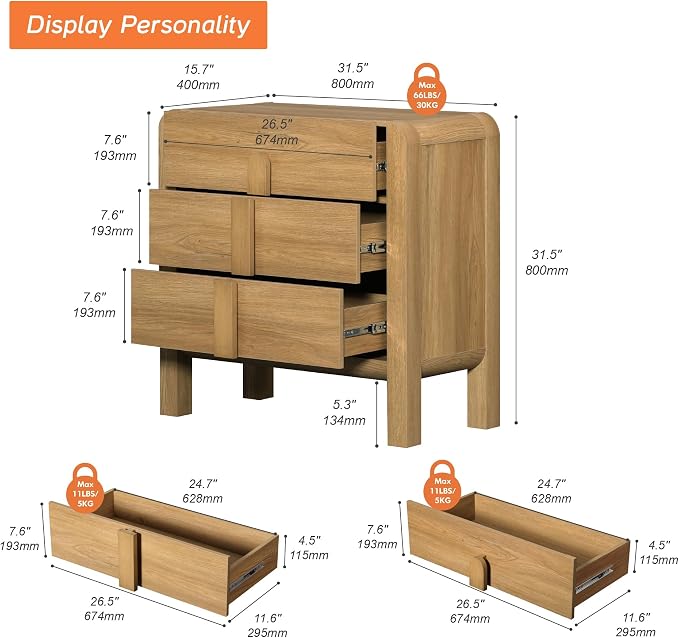 WAMPAT 3 Drawer Dresser for Bedroom, 31.5" Wide Mid Century Modern Wide Chest - Image 2