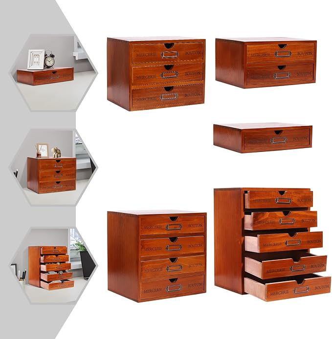 5Pcs Storagee Drawers, Retro Desktop Organize, Wooden Desktop Organizer - Image 6
