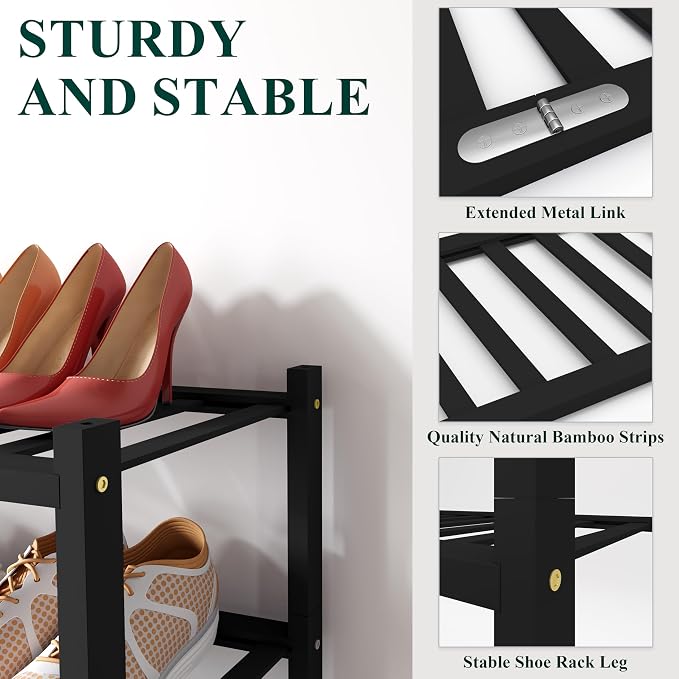 Smiry Bamboo Shoe Rack for Closet, 3 Tier Wooden Stackable Shoe Organizer - Image 3