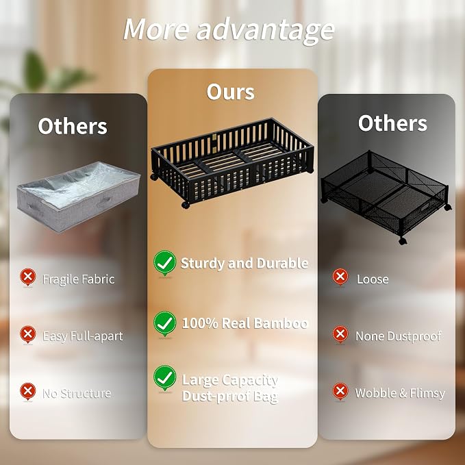 Bamboo Under Bed Storage with Wheels, Rolling Underbed Shoe Organizer Box - Image 6