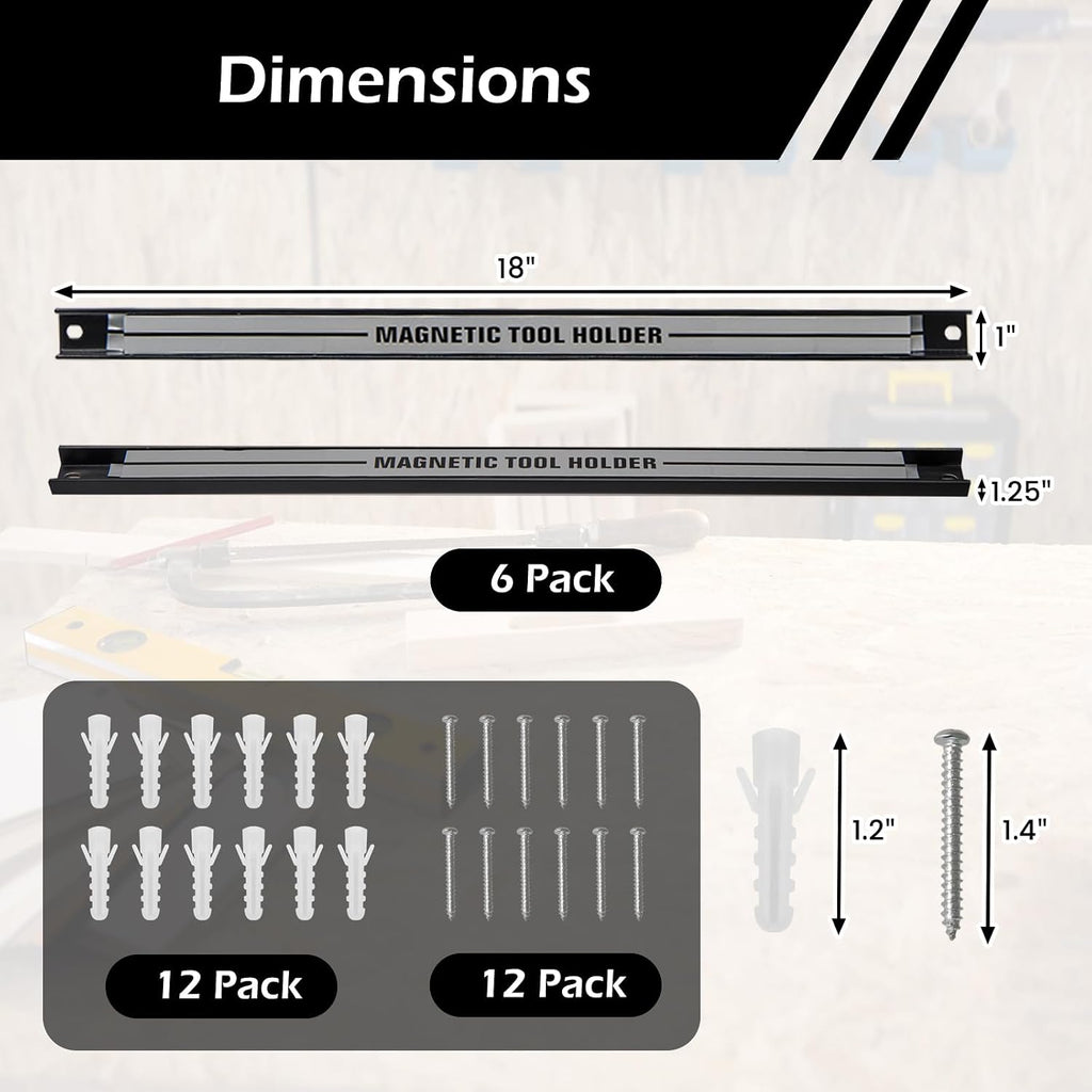 18" Magnetic Tool Holder Strip, 6 Pack Magnet Bar with Mounting