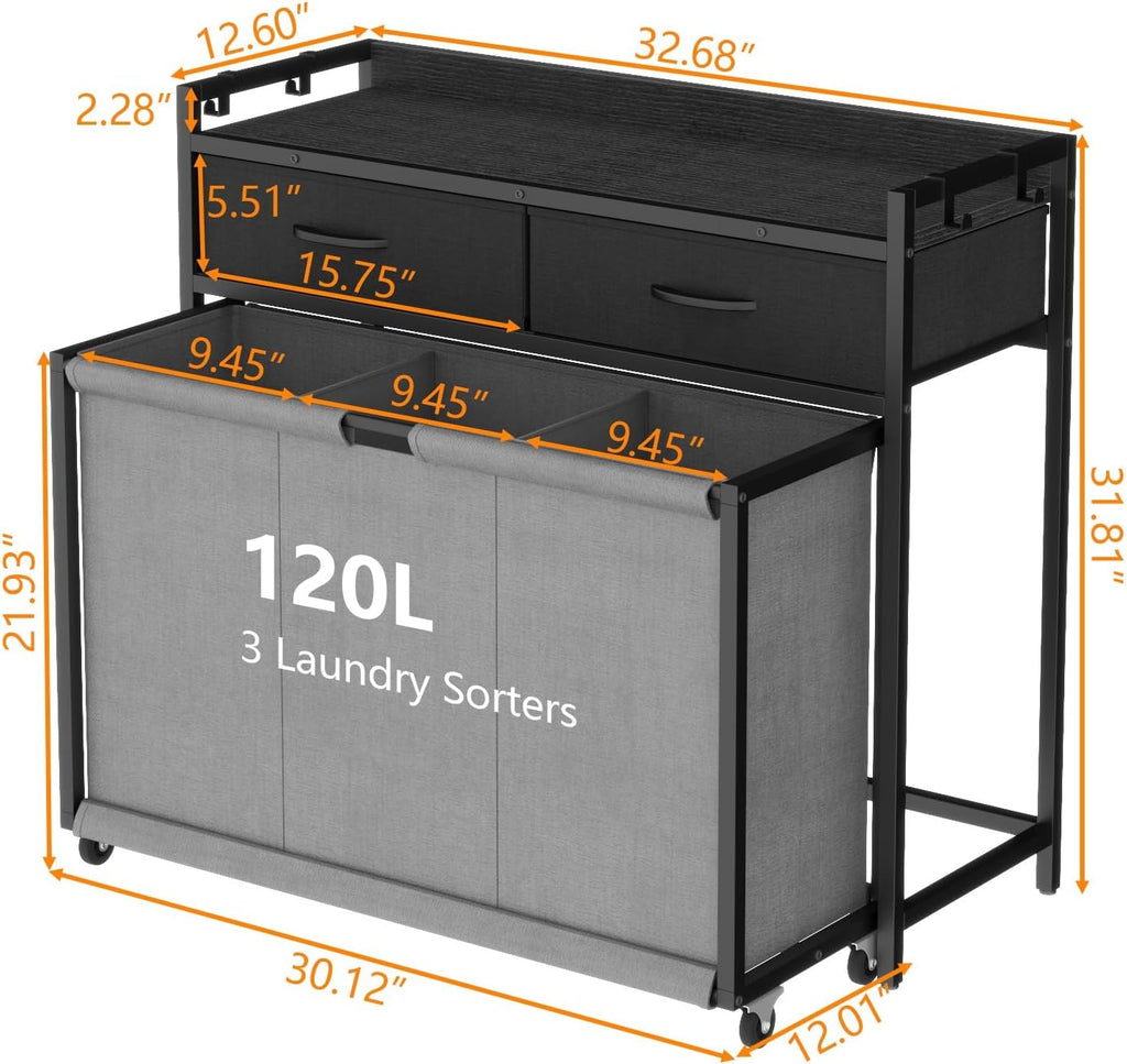 STIKELY Laundry Hamper Laundry Basket with 3 Section Pull-Out Rolling