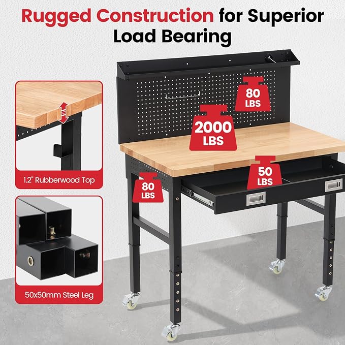 Work Bench for Garage 48 Inch Heavy Duty Rubberwood Tabletop Workbench - Image 3