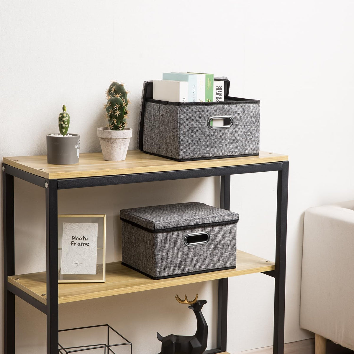 Storage Bins with Lids [3-Pack] Linen Fabric Foldable Storage Boxes