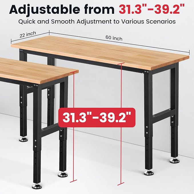 Work Bench 60 Inch Work Table for Garage Heavy Duty Rubberwood Tabletop - Image 5