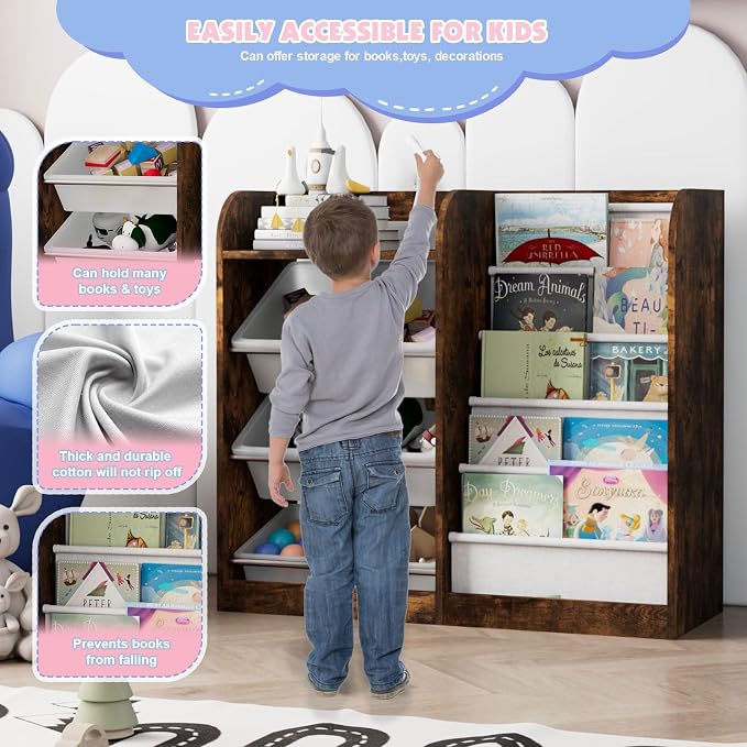 Rustic Kids Wood Bookshelf Toy Storage Box Organizer Shelf W/4 Removable - Image 6