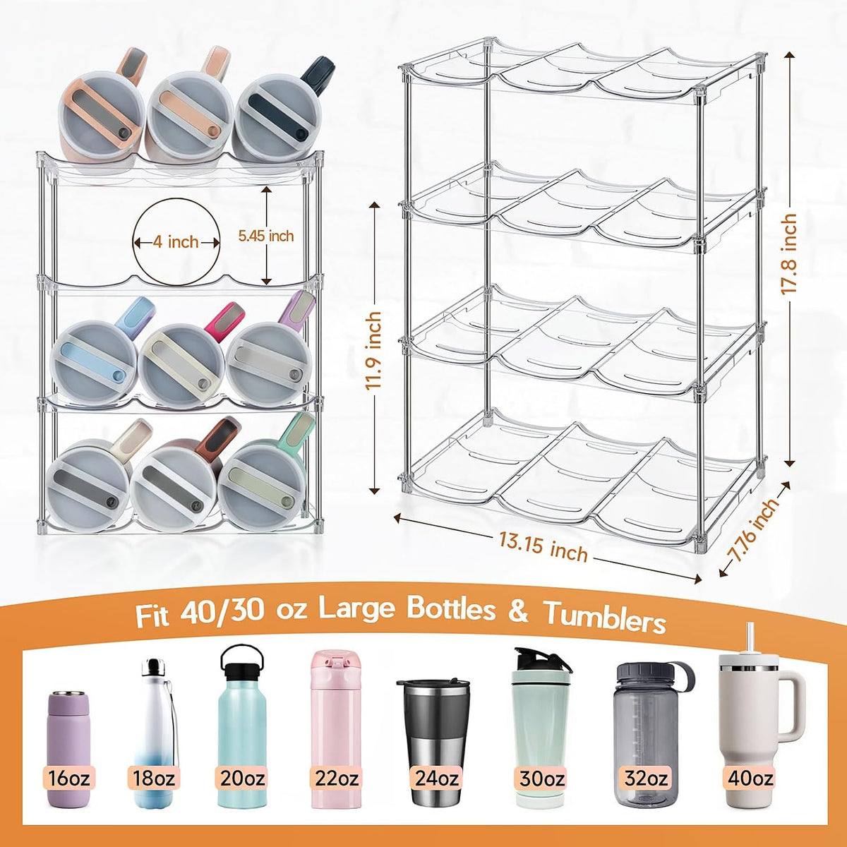 Sbosbo Water Bottle Organizer, Stackable Bottle Storage Rack, 4 Pack