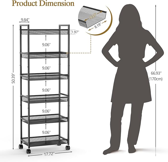 6 Tier Slim Rolling Storage Cart, Narrow Mobile Shelving Unit Organizer Utility - Image 2