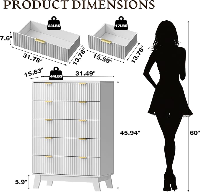 46" Tall Dresser for Bedroom, 6-Drawer Fluted Chest of Drawers, Modern Wood - Image 2