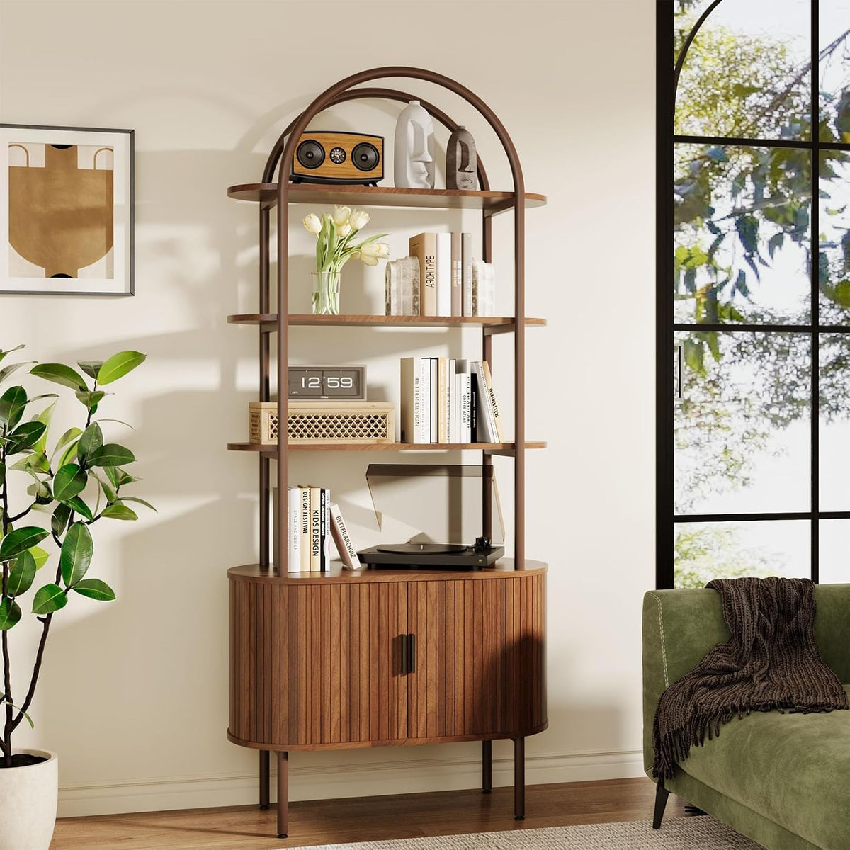 BREEZEHEAT Fluted Arched Bookshelf, Mid Century Modern Bookshelf with