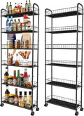 Slim Storage Cart with Wheels, 6-Tier 6in Black Narrow Rolling Shelf, Sturdy by RUOZTEOO