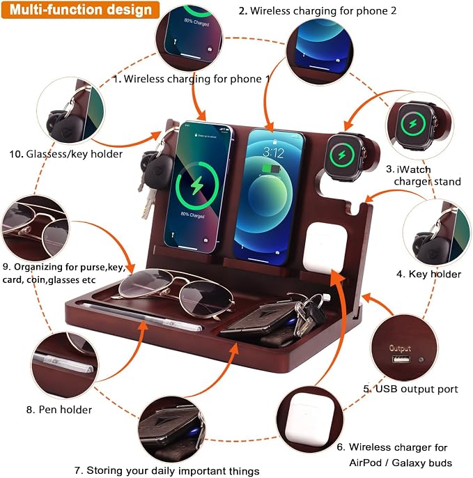 Wood Phone Docking Station, 27W Fast Charging 2 Phone Wireless Charging Station - Image 2