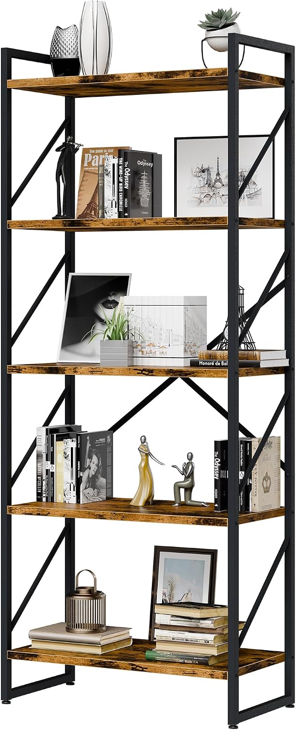 Vongrasig 5 Tier Metal Bookshelf, Narrow Industrial Bookcase, Walnut