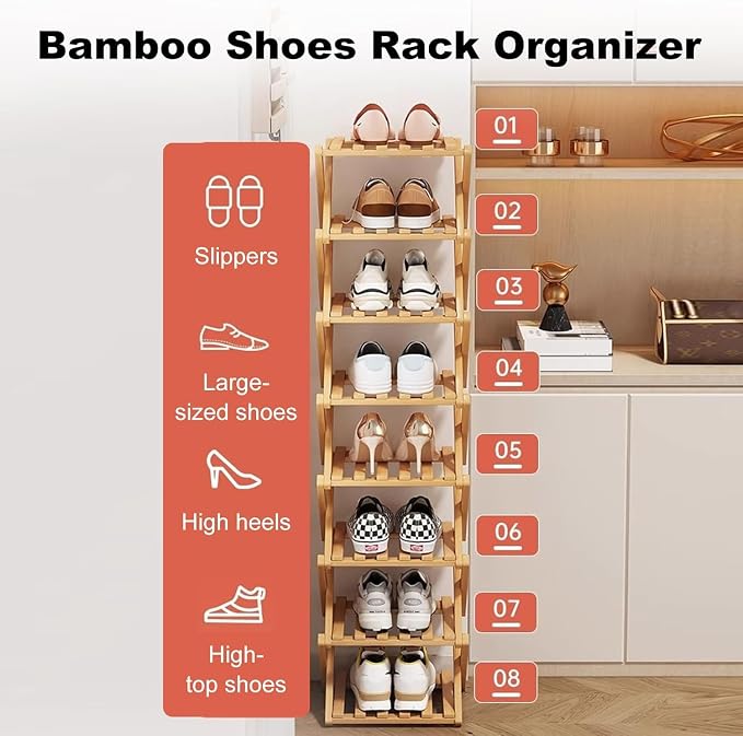 YYW Bamboo Shoe Rack for Entryway, Free Standing Shoe Racks Shelf Closet - Image 3