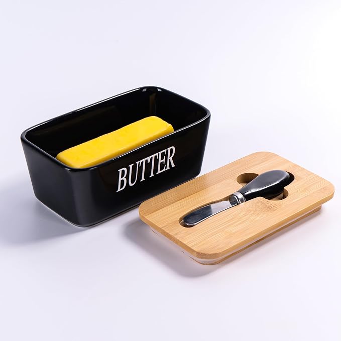 Black Butter Dish with Lid for Countertop, Large Ceramic Covered Butter Stick - Image 6