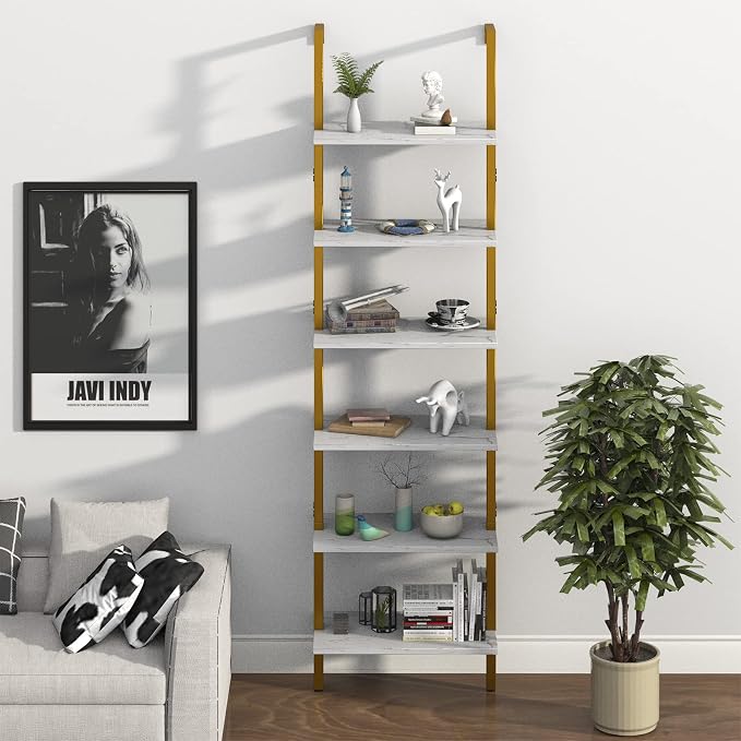 Ladder Shelf 6 Tiers Marble White Modern Bookshelf Open Tall Wall Mount - Image 8
