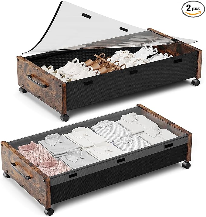 Under Bed Storage with Wheels, Rolling Underbed Storage Drawers, Wooden Under by KITHELP