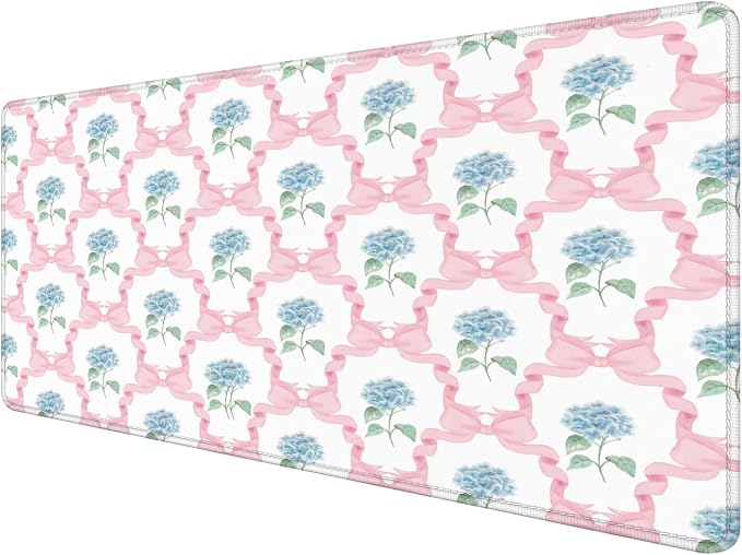 Blue Hydrangea Large Mouse Pad 31.5x15.7inch, Trendy Coquette Pink Bow Flower by Unknown