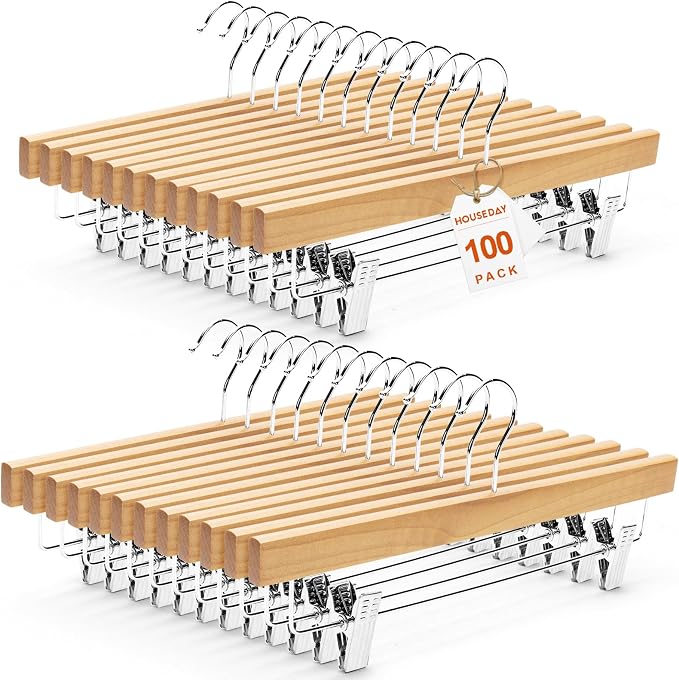 HOUSE DAY Premium Wooden Pants Hangers 100 Pack, Solid Lotus Wood Skirt Hangers by HOUSEDAY
