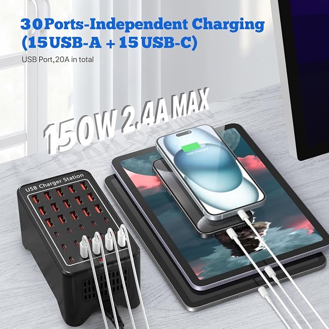 USB C Charging Station, 150W 30 Ports USB C Charger【15USB-C + 15USB-A】 - Image 2