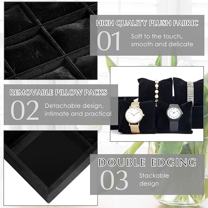 Henoyso 2 Pieces 12 Grid Velvet Watch Tray Jewelry Organizer Stackable Watch - Image 3